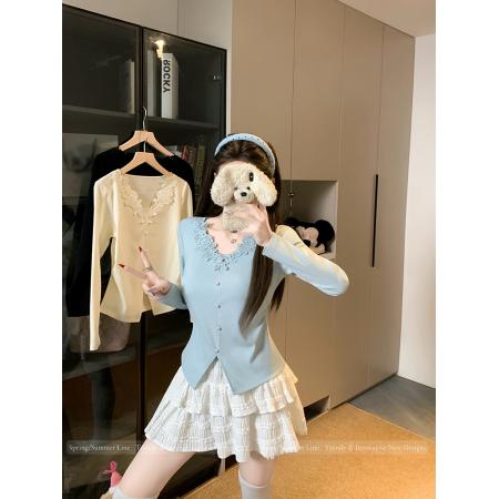 BY10486# 春装新款胖mm大码女纯欲设计感蕾丝花边收腰显瘦长袖上衣 服裝批發女裝批發服飾貨源