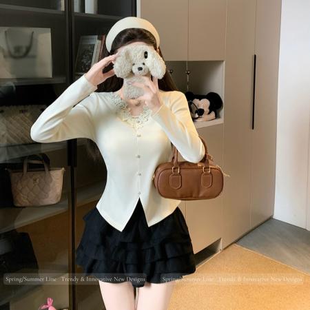 BY10486# 春装新款胖mm大码女纯欲设计感蕾丝花边收腰显瘦长袖上衣 服裝批發女裝批發服飾貨源