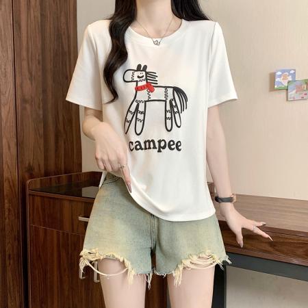 BY10487# 春夏新款胖mm大码女休闲百搭印花卡通圆领正肩短袖T恤 服裝批發女裝批發服飾貨源