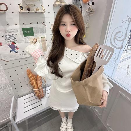 BY10489# 一字肩斜肩白色卫衣连衣裙子女新款秋季韩系穿搭包臀短裙套装 服裝批發女裝批發服飾貨源