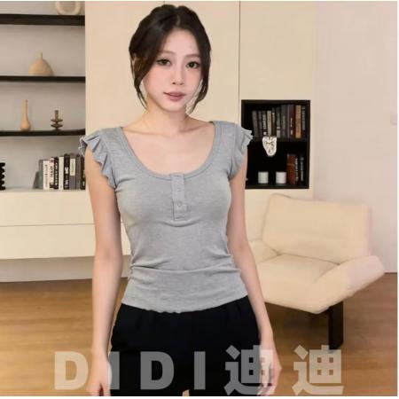 BY10491# 大码美式休闲方领飞袖T恤夏季纯欲辣妹设计感修身显瘦短袖上衣 服裝批發女裝批發服飾貨源