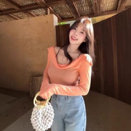 BY10492# 韩系荡领一字肩长袖T恤女春季新款纯欲风巨好看绝美显瘦上衣 服裝批發女裝批發服飾貨源