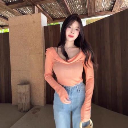 BY10492# 韩系荡领一字肩长袖T恤女春季新款纯欲风巨好看绝美显瘦上衣 服裝批發女裝批發服飾貨源