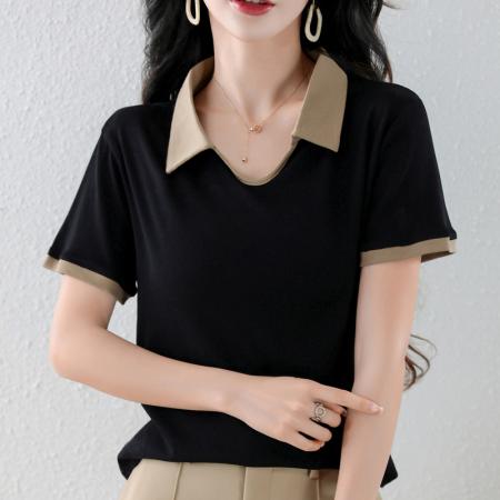 BY10499# 夏季新款韩版宽松设计感短袖t恤女棉质休闲气质简约翻领上衣 服裝批發女裝批發服飾貨源