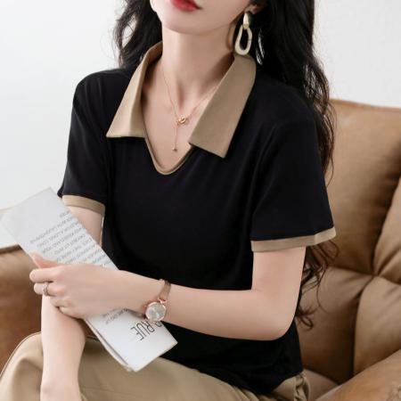BY10499# 夏季新款韩版宽松设计感短袖t恤女棉质休闲气质简约翻领上衣 服裝批發女裝批發服飾貨源