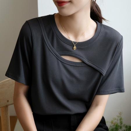 BY10500# 夏季新款修身显瘦设计感镂空短袖t恤女简约休闲纯色短款上衣 服裝批發女裝批發服飾貨源