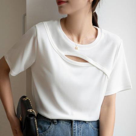 BY10500# 夏季新款修身显瘦设计感镂空短袖t恤女简约休闲纯色短款上衣 服裝批發女裝批發服飾貨源