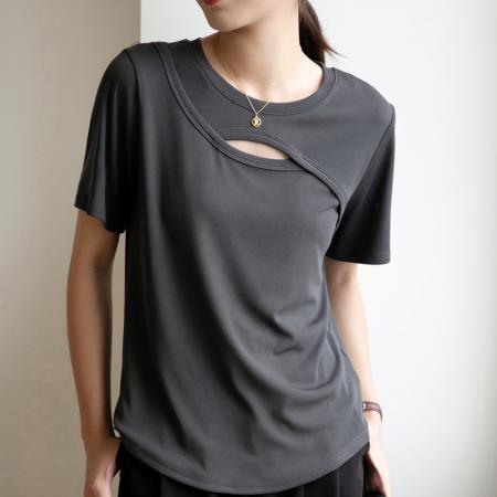 BY10500# 夏季新款修身显瘦设计感镂空短袖t恤女简约休闲纯色短款上衣 服裝批發女裝批發服飾貨源