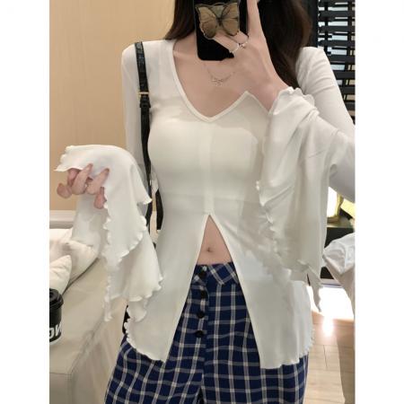 BY10502# 纯棉美式辣妹v领喇叭袖T恤女开叉打底衫女 服裝批發女裝批發服飾貨源