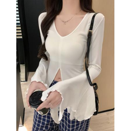 BY10502# 纯棉美式辣妹v领喇叭袖T恤女开叉打底衫女 服裝批發女裝批發服飾貨源