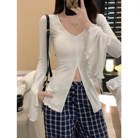 BY10502# 纯棉美式辣妹v领喇叭袖T恤女开叉打底衫女 服裝批發女裝批發服飾貨源