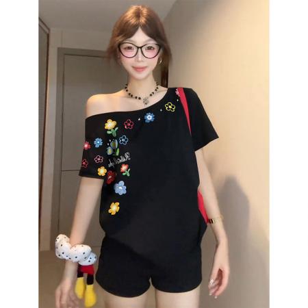 BY10503# 螺纹短袖t恤夏潮新款宽松印花斜领韩版女装上衣 服裝批發女裝批發服飾貨源