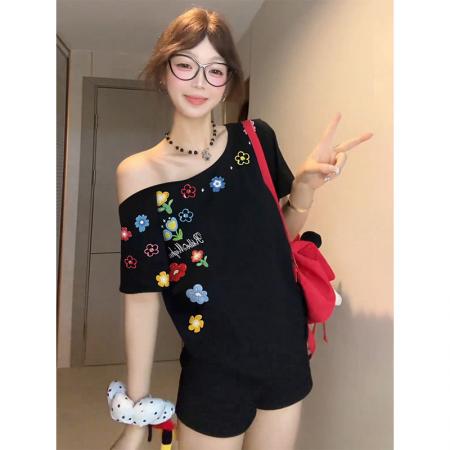 BY10503# 螺纹短袖t恤夏潮新款宽松印花斜领韩版女装上衣 服裝批發女裝批發服飾貨源