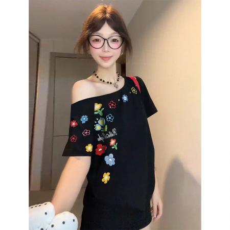 BY10503# 螺纹短袖t恤夏潮新款宽松印花斜领韩版女装上衣 服裝批發女裝批發服飾貨源