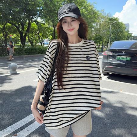 BY10504# 大码女装200斤雪花棉条纹短袖t恤夏新刺绣花中长宽松圆领上衣 服裝批發女裝批發服飾貨源