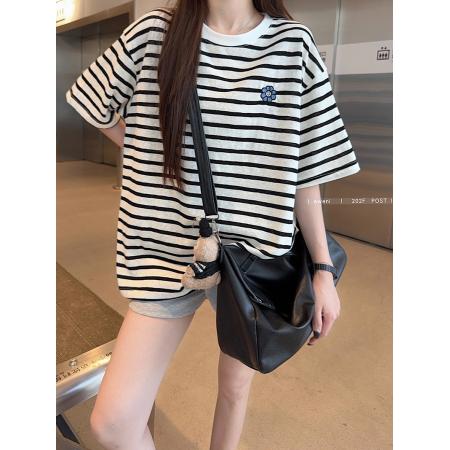 BY10504# 大码女装200斤雪花棉条纹短袖t恤夏新刺绣花中长宽松圆领上衣 服裝批發女裝批發服飾貨源