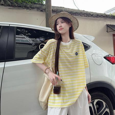 BY10504# 大码女装200斤雪花棉条纹短袖t恤夏新刺绣花中长宽松圆领上衣 服裝批發女裝批發服飾貨源