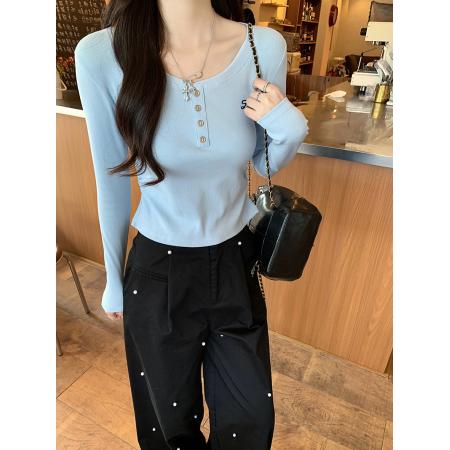 BY10505# 人棉长袖t恤女初秋新款薄刺绣花打底衫圆领上衣 服裝批發女裝批發服飾貨源