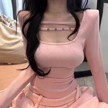 BY10506# 春季新款韩版时尚百搭显瘦方领扣子装饰长袖T恤女上衣 服裝批發女裝批發服飾貨源