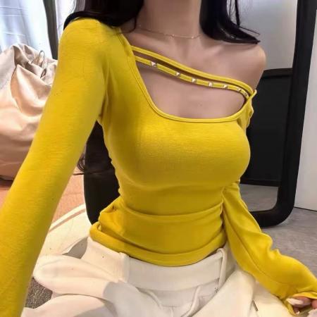 BY10506# 春季新款韩版时尚百搭显瘦方领扣子装饰长袖T恤女上衣 服裝批發女裝批發服飾貨源