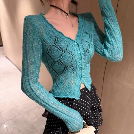 BY10507# 早春新款时尚百搭性感镂空针织V领上衣女 服裝批發女裝批發服飾貨源