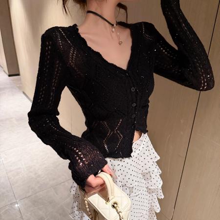 BY10507# 早春新款时尚百搭性感镂空针织V领上衣女 服裝批發女裝批發服飾貨源
