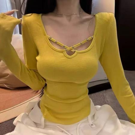 BY10510# 纯欲辣妹风性感交叉镂空低胸长袖T恤女春季设计感修身打底上衣 服裝批發女裝批發服飾貨源