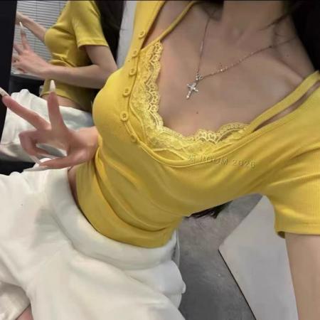 BY10512# 春夏季新款韩版甜辣风蕾丝拼接V领短袖修身显瘦假两件T恤 服裝批發女裝批發服飾貨源