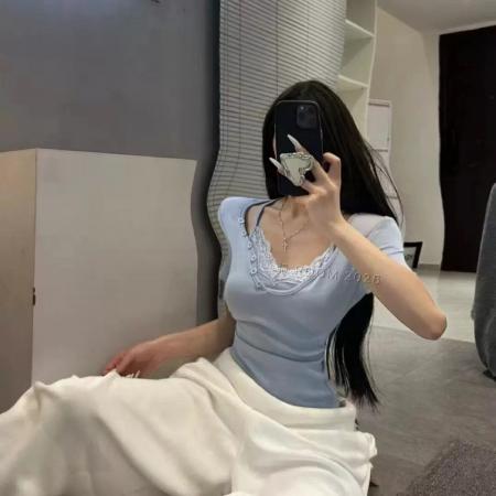 BY10512# 春夏季新款韩版甜辣风蕾丝拼接V领短袖修身显瘦假两件T恤 服裝批發女裝批發服飾貨源