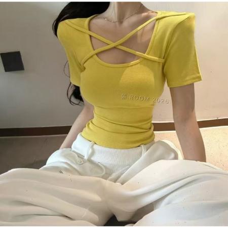 BY10513# 春夏季新款韩版修身显瘦小心机交叉打底短袖T恤上衣女 服裝批發女裝批發服飾貨源