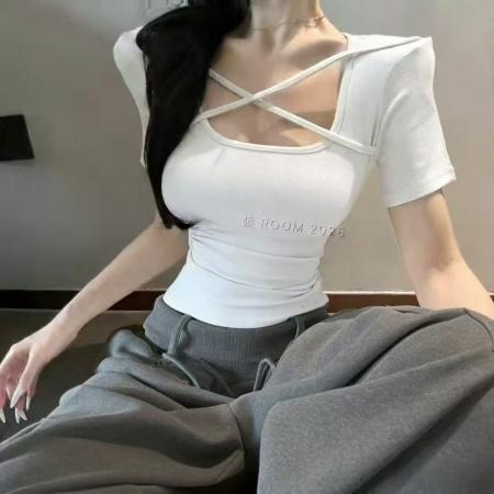 BY10513# 春夏季新款韩版修身显瘦小心机交叉打底短袖T恤上衣女 服裝批發女裝批發服飾貨源