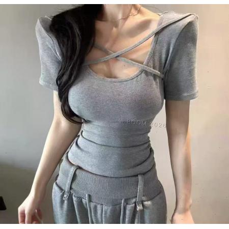 BY10513# 春夏季新款韩版修身显瘦小心机交叉打底短袖T恤上衣女 服裝批發女裝批發服飾貨源