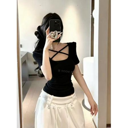 BY10513# 春夏季新款韩版修身显瘦小心机交叉打底短袖T恤上衣女 服裝批發女裝批發服飾貨源