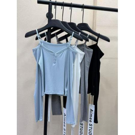 BY10514# 东大门春季女装新品韩版设计感吊带系扣长袖T恤上衣潮 服裝批發女裝批發服飾貨源