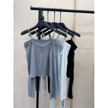 BY10514# 东大门春季女装新品韩版设计感吊带系扣长袖T恤上衣潮 服裝批發女裝批發服飾貨源