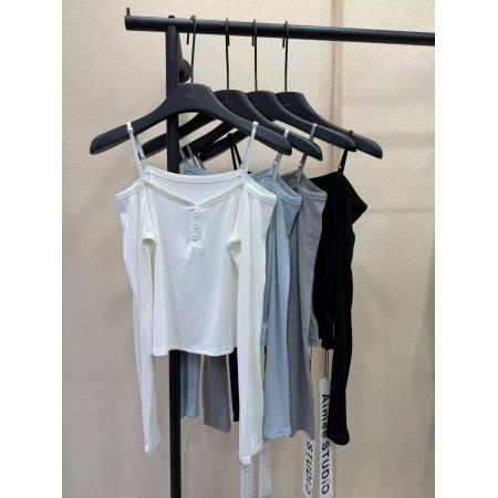 BY10514# 东大门春季女装新品韩版设计感吊带系扣长袖T恤上衣潮 服裝批發女裝批發服飾貨源