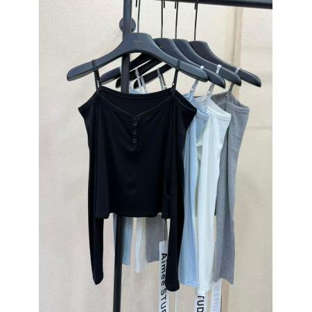 BY10514# 东大门春季女装新品韩版设计感吊带系扣长袖T恤上衣潮 服裝批發女裝批發服飾貨源