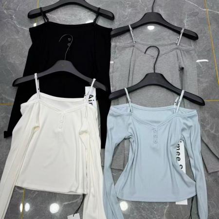 BY10514# 东大门春季女装新品韩版设计感吊带系扣长袖T恤上衣潮 服裝批發女裝批發服飾貨源