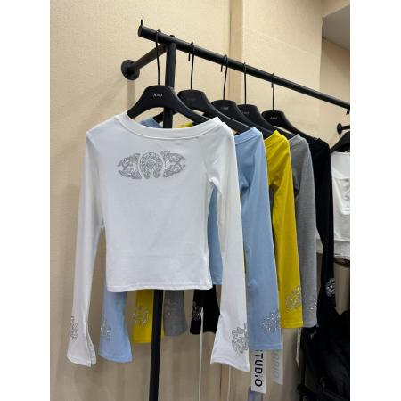 BY10515# 十三行新款春季韩版时尚百搭斜领长袖修身显瘦T恤女 服裝批發女裝批發服飾貨源