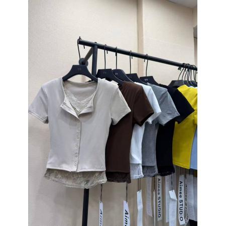 BY10516# 新款春季韩版时尚百搭蕾丝拼接半开领短袖t恤女 服裝批發女裝批發服飾貨源