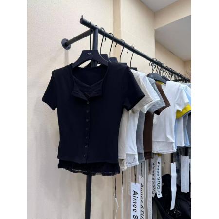 BY10516# 新款春季韩版时尚百搭蕾丝拼接半开领短袖t恤女 服裝批發女裝批發服飾貨源