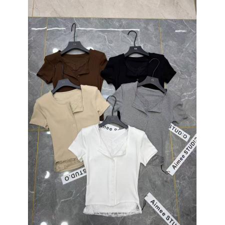 BY10516# 新款春季韩版时尚百搭蕾丝拼接半开领短袖t恤女 服裝批發女裝批發服飾貨源