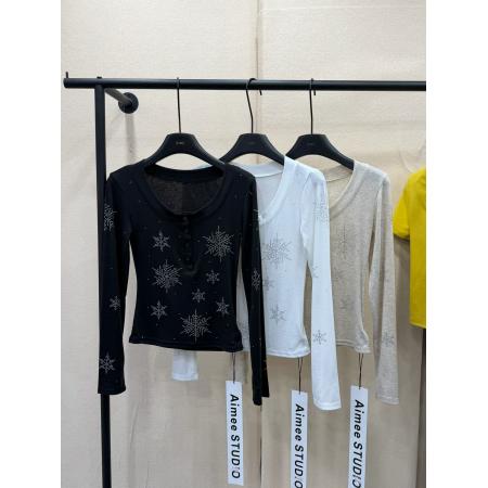 BY10517# 春季新款韩版时尚雪花烫钻长袖T恤女修身显瘦薄款T恤上衣女 服裝批發女裝批發服飾貨源