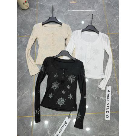 BY10517# 春季新款韩版时尚雪花烫钻长袖T恤女修身显瘦薄款T恤上衣女 服裝批發女裝批發服飾貨源