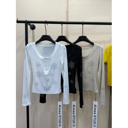 BY10517# 春季新款韩版时尚雪花烫钻长袖T恤女修身显瘦薄款T恤上衣女 服裝批發女裝批發服飾貨源