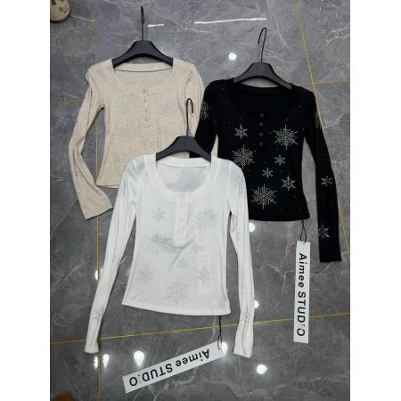 BY10517# 春季新款韩版时尚雪花烫钻长袖T恤女修身显瘦薄款T恤上衣女 服裝批發女裝批發服飾貨源