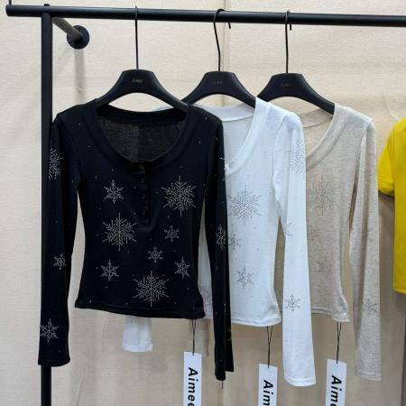 BY10517# 春季新款韩版时尚雪花烫钻长袖T恤女修身显瘦薄款T恤上衣女 服裝批發女裝批發服飾貨源