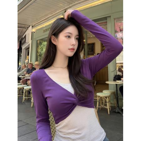 BY10518# 韩系V领假两件拼接条纹长袖T恤女春季新款撞色设计感修身内搭上衣 服裝批發女裝批發服飾貨源