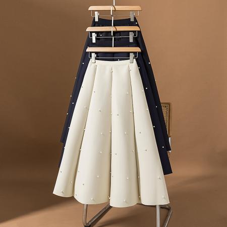 BY10522# 大码女装春季新款韩版赫本风气质重工钉珠A字褶皱宽松半身裙 服裝批發女裝批發服飾貨源