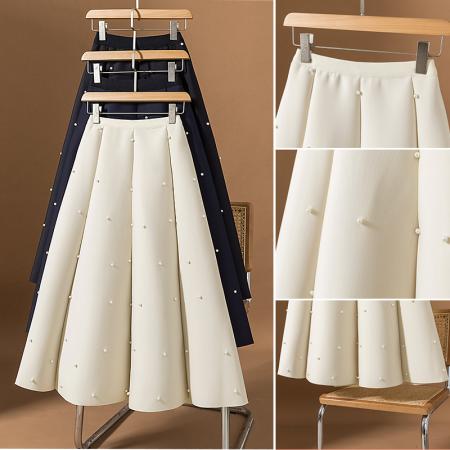 BY10522# 大码女装春季新款韩版赫本风气质重工钉珠A字褶皱宽松半身裙 服裝批發女裝批發服飾貨源